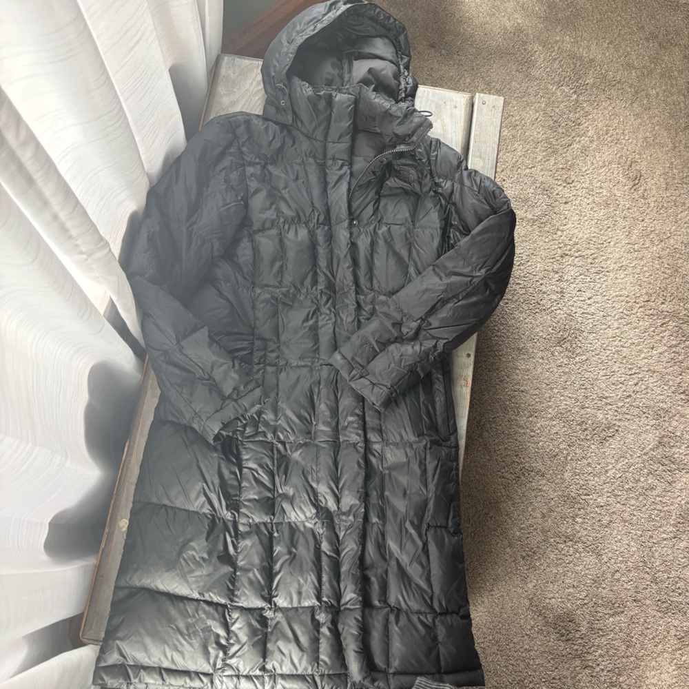 North Face knee length down quilted jacket | size small
